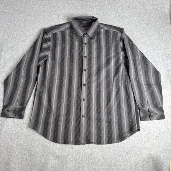 Tommy Bahama Embroidered Floral Silk Blend Long Sleeve Shirt Mens Large Gray EUC - Picture 2 of 9